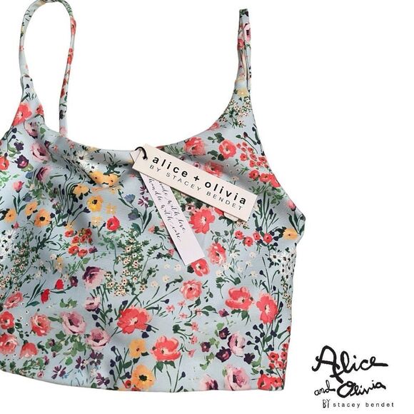 Alice + Olivia **NWT** Penny Scoop Neck Crop Top in Coastal Gardens Powder Blue - Picture 2 of 10
